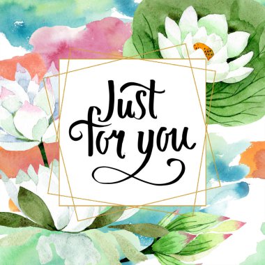 Sulu boya beyaz lotus çiçeği. Botanik çiçek. Çerçeve kenarlığı süsleme Meydanı. Arka plan, doku, sarıcı desen, çerçeve veya kenarlık için Aquarelle kır çiçeği.