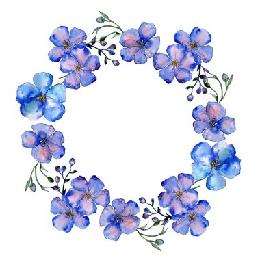 Suluboya mavi keten çiçekler. Botanik çiçek. Çerçeve kenarlığı süsleme Meydanı. Arka plan, doku, sarıcı desen, çerçeve veya kenarlık için Aquarelle kır çiçeği.