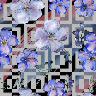 Suluboya mavi keten çiçekler. Botanik çiçek. Sorunsuz arka plan deseni. Kumaş duvar kağıdı yazdırma doku. Arka plan, doku, sarıcı desen, çerçeve veya kenarlık için Aquarelle kır çiçeği.