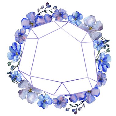 Suluboya mavi keten çiçekler. Botanik çiçek. Çerçeve kenarlığı süsleme Meydanı. Arka plan, doku, sarıcı desen, çerçeve veya kenarlık için Aquarelle kır çiçeği.