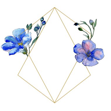 Suluboya mavi keten çiçekler. Botanik çiçek. Çerçeve kenarlığı süsleme Meydanı. Arka plan, doku, sarıcı desen, çerçeve veya kenarlık için Aquarelle kır çiçeği.