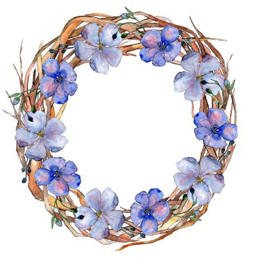 Suluboya mavi keten çiçekler. Botanik çiçek. Çerçeve kenarlığı süsleme Meydanı. Arka plan, doku, sarıcı desen, çerçeve veya kenarlık için Aquarelle kır çiçeği.