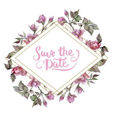 Sulu boya pembe buket Şakayık Çiçeği. Botanik çiçek. Çerçeve kenarlığı süsleme Meydanı. Arka plan, doku, sarıcı desen, çerçeve veya kenarlık için Aquarelle kır çiçeği.