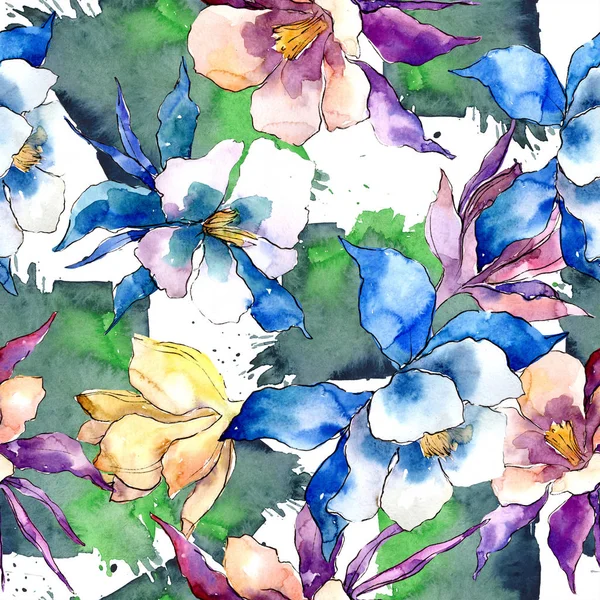 Watercolor Colorful Aquilegia Flower Floral Botanical Flower Seamless Background Pattern — Stock Photo, Image