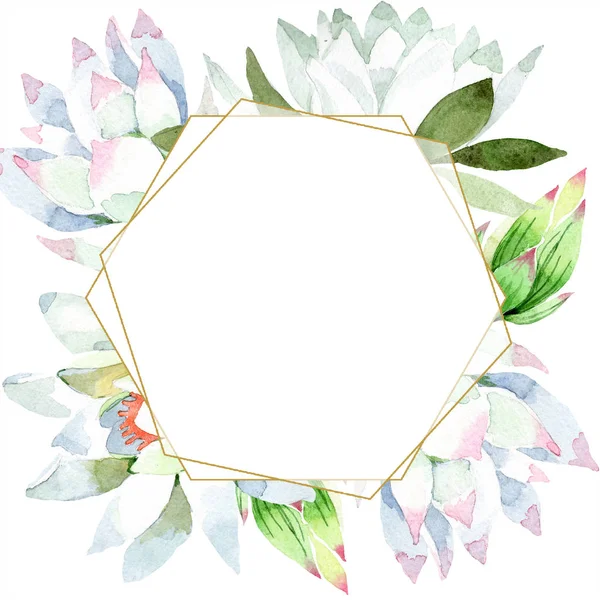 Aquarell Weiße Lotusblume Blütenbotanische Blume Rahmen Bordüre Ornament Quadrat Aquarell — Stockfoto