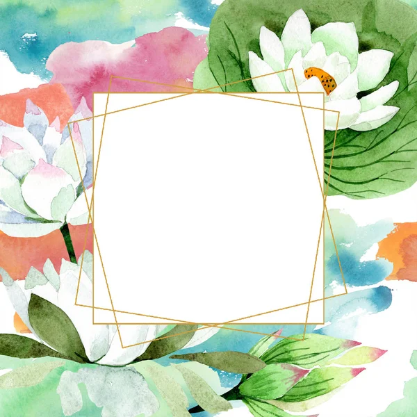 Watercolor White Lotus Flower Floral Botanical Flower Frame Border Ornament — Stock Photo, Image