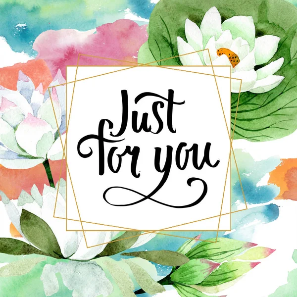 Sulu boya beyaz lotus çiçeği. Botanik çiçek. Çerçeve kenarlığı süsleme Meydanı. Arka plan, doku, sarıcı desen, çerçeve veya kenarlık için Aquarelle kır çiçeği.