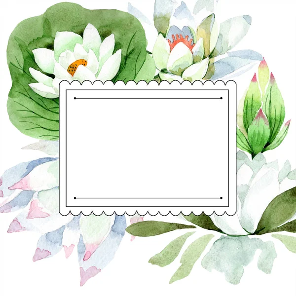 Aquarela Flor Lótus Branco Floral Flor Botânica Quadro Borda Ornamento — Fotografia de Stock