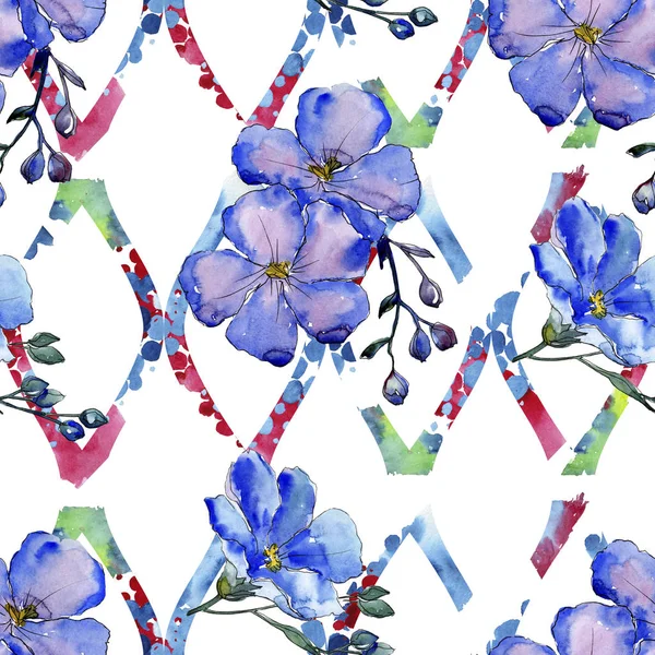 水彩の青い亜麻の花 花植物の花 シームレスな背景パターン 壁紙印刷手触りの生地 テクスチャ ラッパー パターン フレームや境界線の Aquarelle ワイルドフラワー — ストック写真
