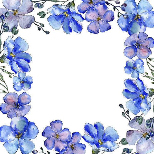 Suluboya Mavi Keten Çiçekler Botanik Çiçek Çerçeve Kenarlığı Süsleme Meydanı — Stok fotoğraf