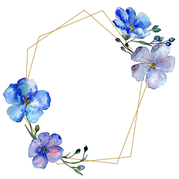 Watercolor blue flax flowers. Floral botanical flower. Frame border ornament square. Aquarelle wildflower for background, texture, wrapper pattern, frame or border.