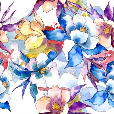 Sulu boya renkli aquilegia çiçek. Botanik çiçek. Sorunsuz arka plan deseni. Kumaş duvar kağıdı yazdırma doku. Arka plan, doku, sarıcı desen, kenarlık için Aquarelle kır çiçeği.