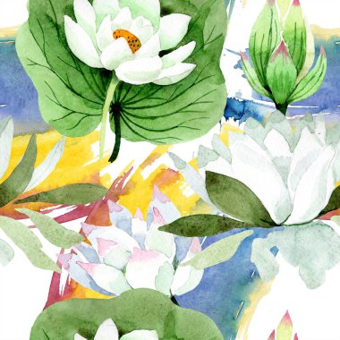 Sulu boya beyaz lotus çiçeği. Botanik çiçek. Sorunsuz arka plan deseni. Kumaş duvar kağıdı yazdırma doku. Arka plan, doku, sarıcı desen, çerçeve veya kenarlık için Aquarelle kır çiçeği.
