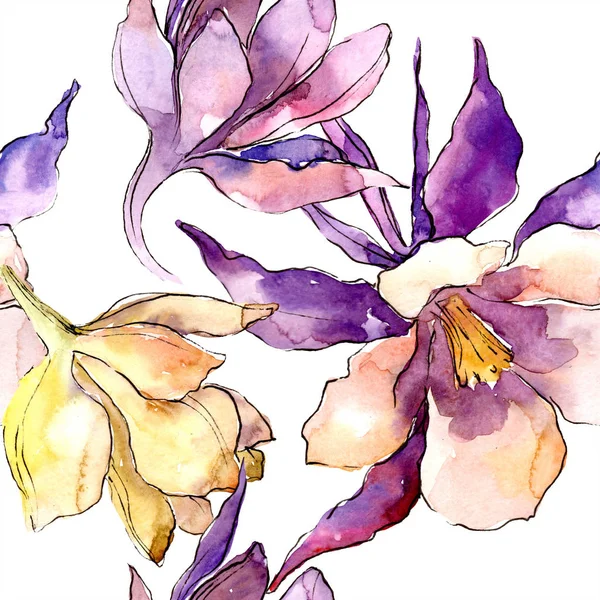 Aquarell Bunte Aquilegia Blume Blütenbotanische Blume Nahtlose Hintergrundmuster Textur Für — Stockfoto