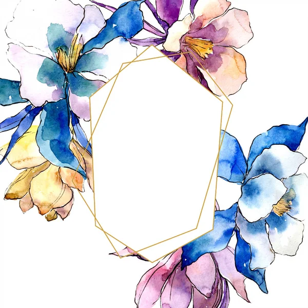 Watercolor Colorful Aquilegia Flower Floral Botanical Flower Frame Border Ornament — Stock Photo, Image