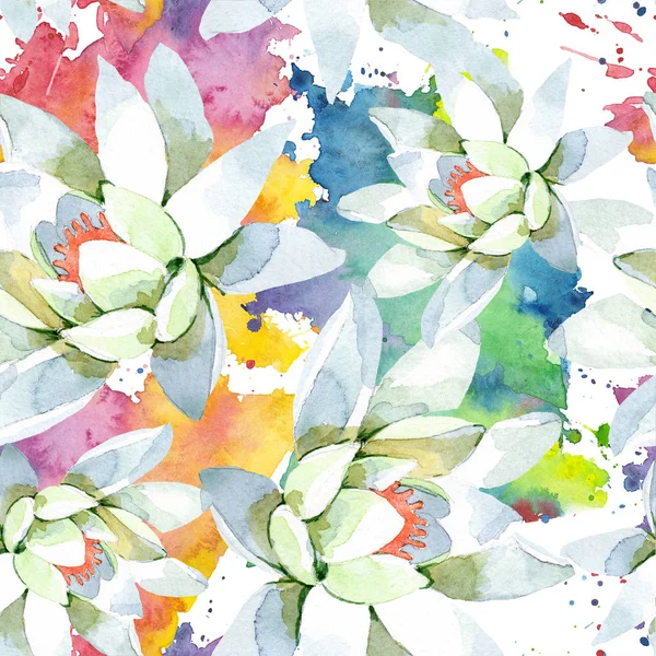 水彩の白い蓮の花 花植物の花 シームレスな背景パターン 壁紙印刷手触りの生地 テクスチャ ラッパー パターン フレームや境界線の Aquarelle ワイルドフラワー — ストック写真