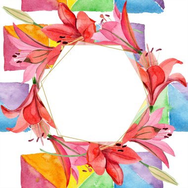 Suluboya kırmızı lily çiçek. Botanik çiçek. Çerçeve kenarlığı süsleme Meydanı. Arka plan, doku, sarıcı desen, çerçeve veya kenarlık için Aquarelle kır çiçeği.