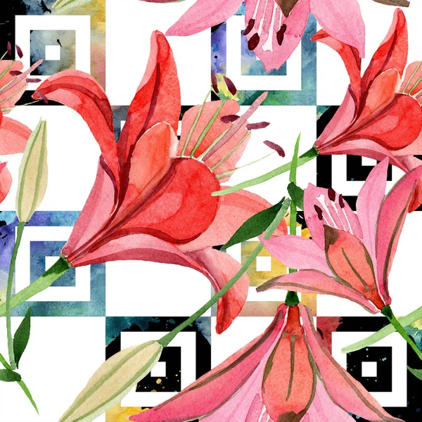 Акварель Красный Цветок Лилии Цветочный Ботанический Цветок Бесшовный Рисунок Фона — стоковое фото