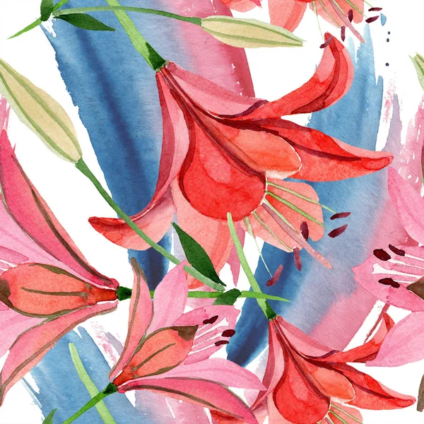水彩红百合花 花卉植物花 无缝的背景图案 织物墙纸打印纹理 包装图案 框架或边框的水彩画野花 — 图库照片