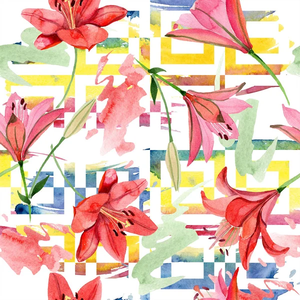 Aquarell Rote Lilienblüte Blütenbotanische Blume Nahtlose Hintergrundmuster Textur Für Stofftapeten — Stockfoto