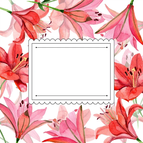 Květinový Akvarel Červené Lilie Květinové Botanické Květin Frame Hranice Ozdoba — Stock fotografie