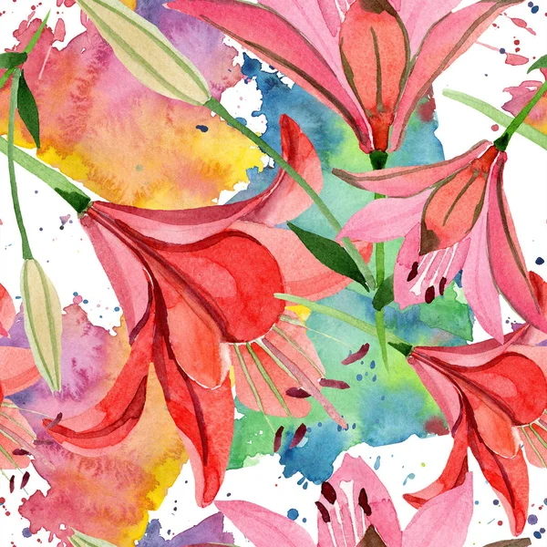 水彩红百合花 花卉植物花 无缝的背景图案 织物墙纸打印纹理 包装图案 框架或边框的水彩画野花 — 图库照片