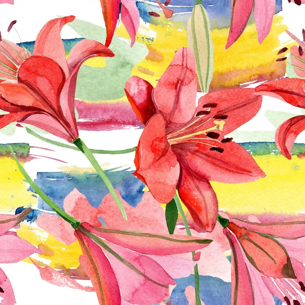 Aquarell Rote Lilienblüte Blütenbotanische Blume Nahtlose Hintergrundmuster Textur Für Stofftapeten — Stockfoto