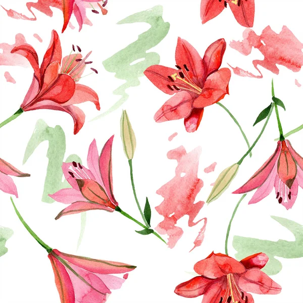 Акварель Красный Цветок Лилии Цветочный Ботанический Цветок Бесшовный Рисунок Фона — стоковое фото