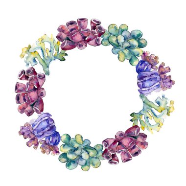 Renkli su sualtı doğa mercan kayalığı. Tropikal bitki deniz ve okyanus su hayat öğesi. Çerçeve kenarlığı süsleme Meydanı.