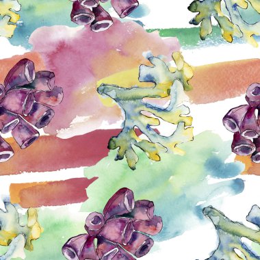 Renkli su sualtı doğa mercan kayalığı. Tropikal bitki deniz ve okyanus su hayat öğesi. Sorunsuz arka plan deseni. Kumaş duvar kağıdı yazdırma doku.