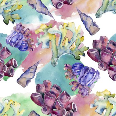 Renkli su sualtı doğa mercan kayalığı. Tropikal bitki deniz ve okyanus su hayat öğesi. Sorunsuz arka plan deseni. Kumaş duvar kağıdı yazdırma doku.