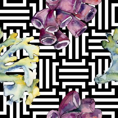 Renkli su sualtı doğa mercan kayalığı. Tropikal bitki deniz ve okyanus su hayat öğesi. Sorunsuz arka plan deseni. Kumaş duvar kağıdı yazdırma doku.