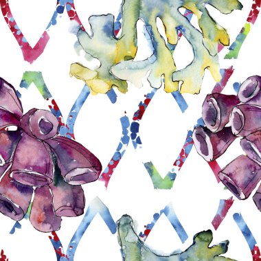 Renkli su sualtı doğa mercan kayalığı. Tropikal bitki deniz ve okyanus su hayat öğesi. Sorunsuz arka plan deseni. Kumaş duvar kağıdı yazdırma doku.