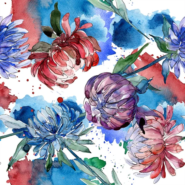 Akvarell Färgglada Aster Blomma Blommig Botaniska Blomma Sömlös Bakgrundsmönster Tyg — Stockfoto