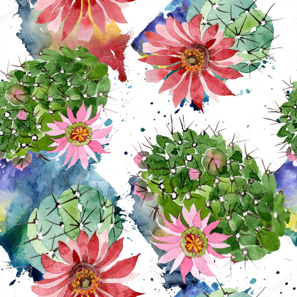 Watercolor green cactus with a pink flower. Floral botanical flower. Seamless background pattern. Fabric wallpaper print texture. Aquarelle wildflower for background, texture, wrapper pattern.