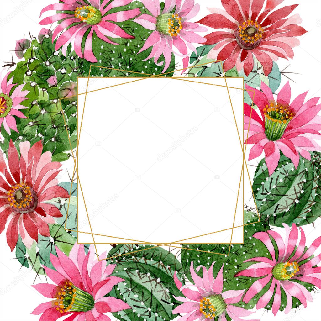 Watercolor green cactus with a pink flower. Floral botanical flower. Frame border ornament square. Aquarelle wildflower for background, texture, wrapper pattern, frame or border.