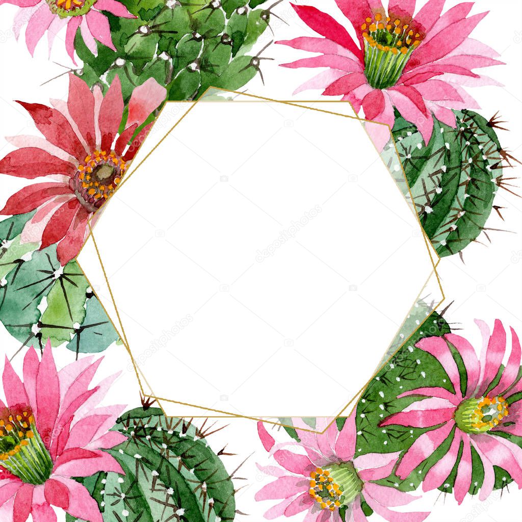 Watercolor green cactus with a pink flower. Floral botanical flower. Frame border ornament square. Aquarelle wildflower for background, texture, wrapper pattern, frame or border.