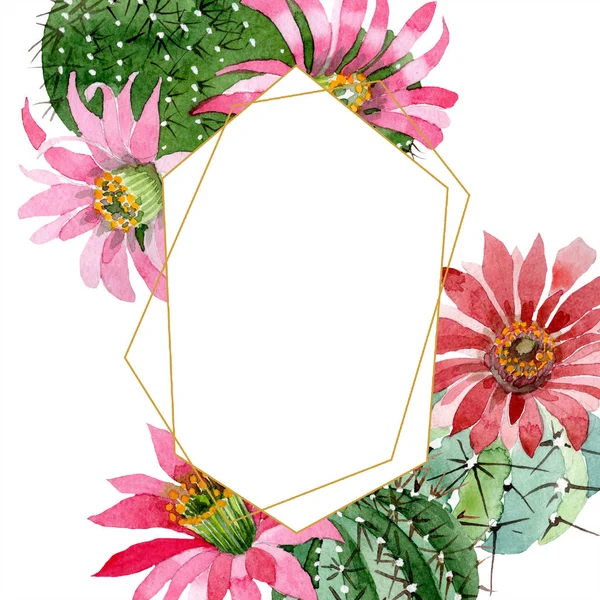 Watercolor Green Cactus Pink Flower Floral Botanical Flower Frame Border — Stock Photo, Image