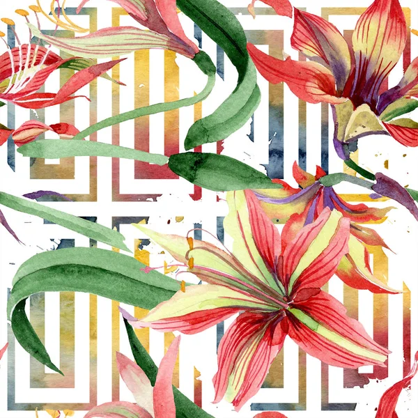Aquarell Rote Hippeastrum Blume Blütenbotanische Blume Nahtlose Hintergrundmuster Textur Für — Stockfoto