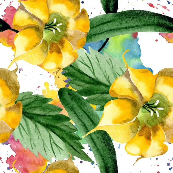 Watercolor Brugmansiya Yellow Flowers Floral Botanical Flower Seamless Background Pattern — Stock Photo, Image