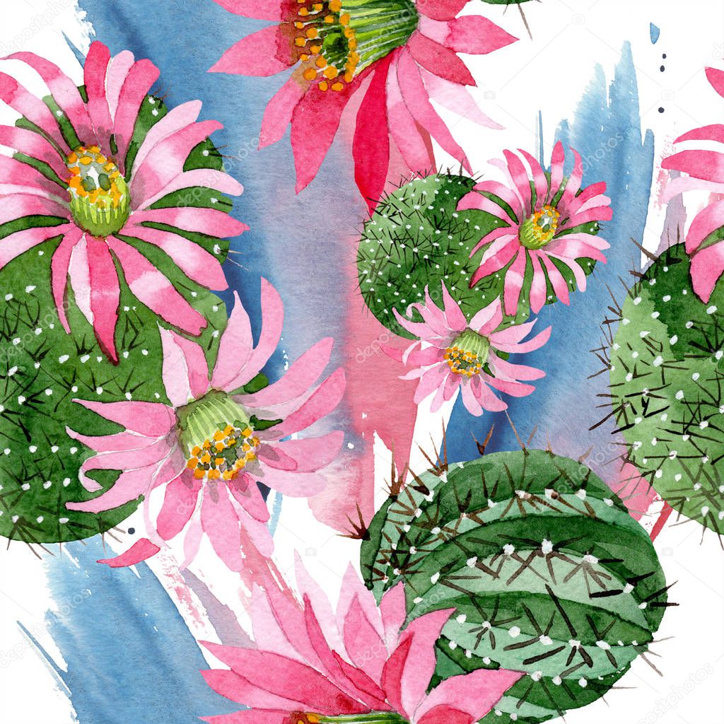 Watercolor green cactus with a pink flower. Floral botanical flower. Seamless background pattern. Fabric wallpaper print texture. Aquarelle wildflower for background, texture, wrapper pattern.