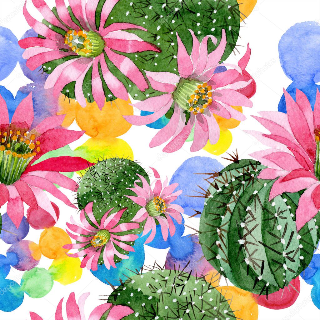 Watercolor green cactus with a pink flower. Floral botanical flower. Seamless background pattern. Fabric wallpaper print texture. Aquarelle wildflower for background, texture, wrapper pattern.