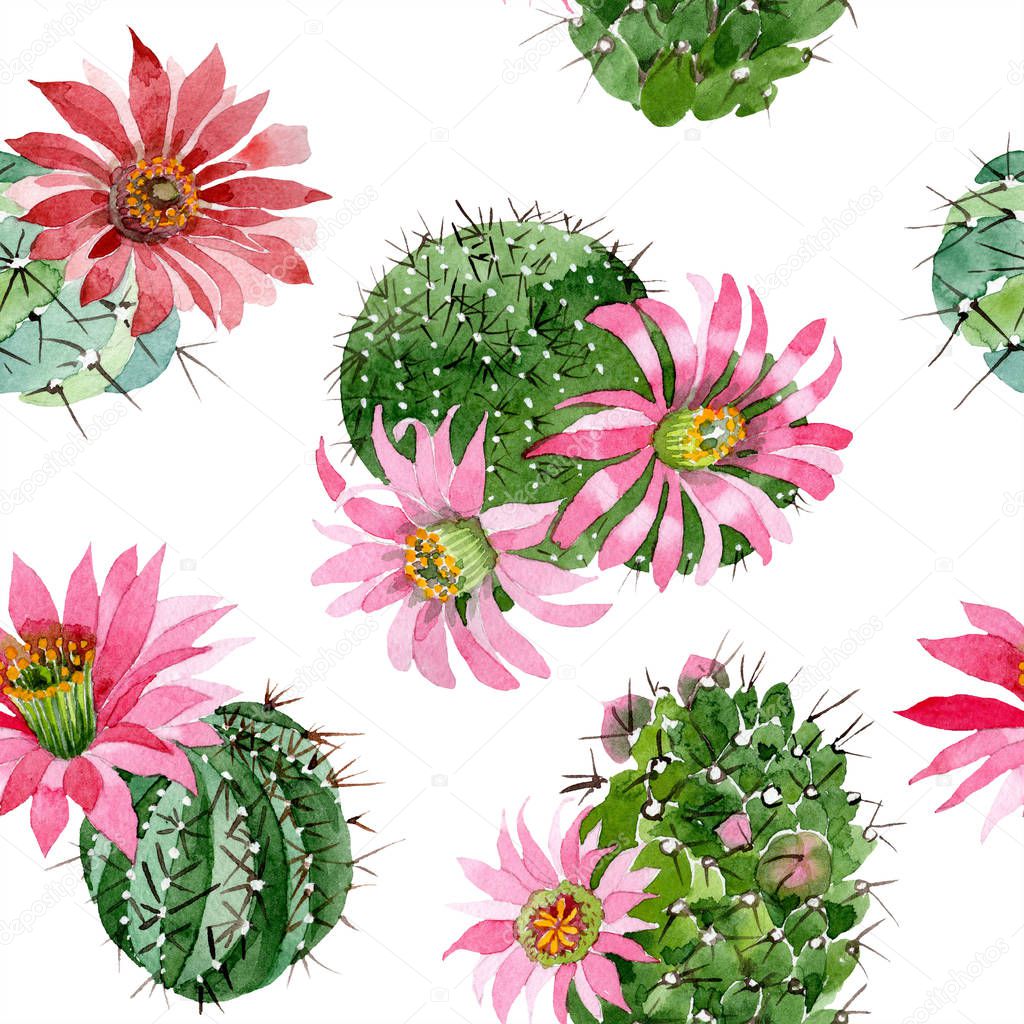 Watercolor green cactus with a pink flower. Floral botanical flower. Seamless background pattern. Fabric wallpaper print texture. Aquarelle wildflower for background, texture, wrapper pattern.