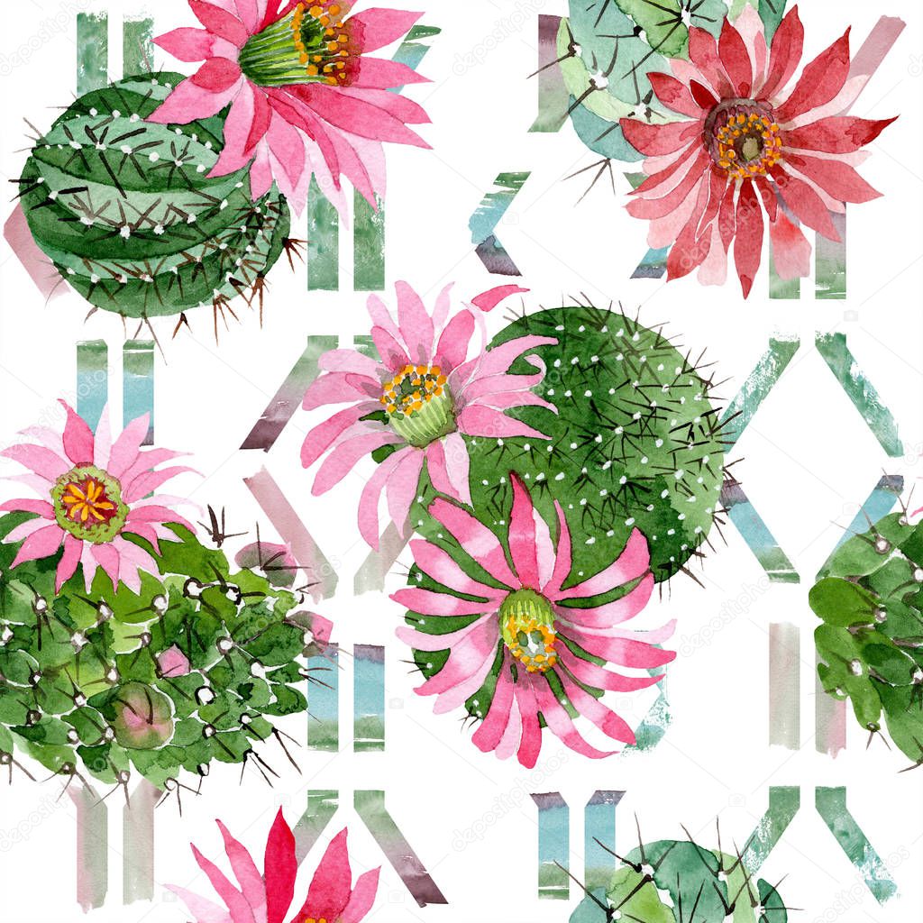 Watercolor green cactus with a pink flower. Floral botanical flower. Seamless background pattern. Fabric wallpaper print texture. Aquarelle wildflower for background, texture, wrapper pattern.