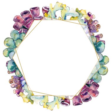 Renkli su sualtı doğa mercan kayalığı. Tropikal bitki deniz ve okyanus su hayat öğesi. Çerçeve kenarlığı süsleme Meydanı.