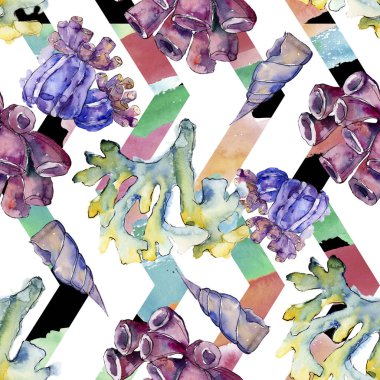 Renkli su sualtı doğa mercan kayalığı. Tropikal bitki deniz ve okyanus su hayat öğesi. Sorunsuz arka plan deseni. Kumaş duvar kağıdı yazdırma doku.