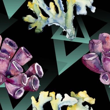 Renkli su sualtı doğa mercan kayalığı. Tropikal bitki deniz ve okyanus su hayat öğesi. Sorunsuz arka plan deseni. Kumaş duvar kağıdı yazdırma doku.