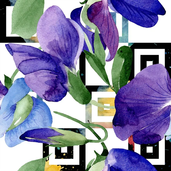 Acuarela Púrpura Flor Guisante Dulce Flor Botánica Floral Patrón Fondo — Foto de Stock