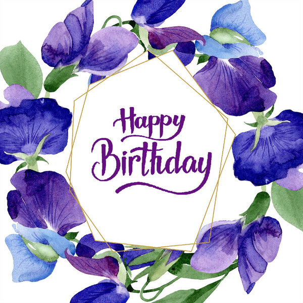 Акварель фиолетовый сладкий горошек. Цветочный ботанический цветок. Каркас границы украшения квадрат. Aquarelle wildflower for background, texture, wrapper pattern, frame or border
.