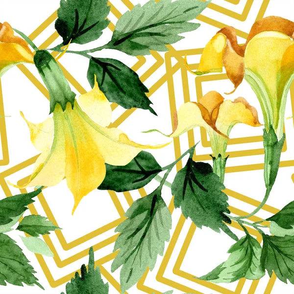 Watercolor brugmansiya yellow flowers. Floral botanical flower. Seamless background pattern. Fabric wallpaper print texture. Aquarelle wildflower for background, texture, wrapper pattern, frame.